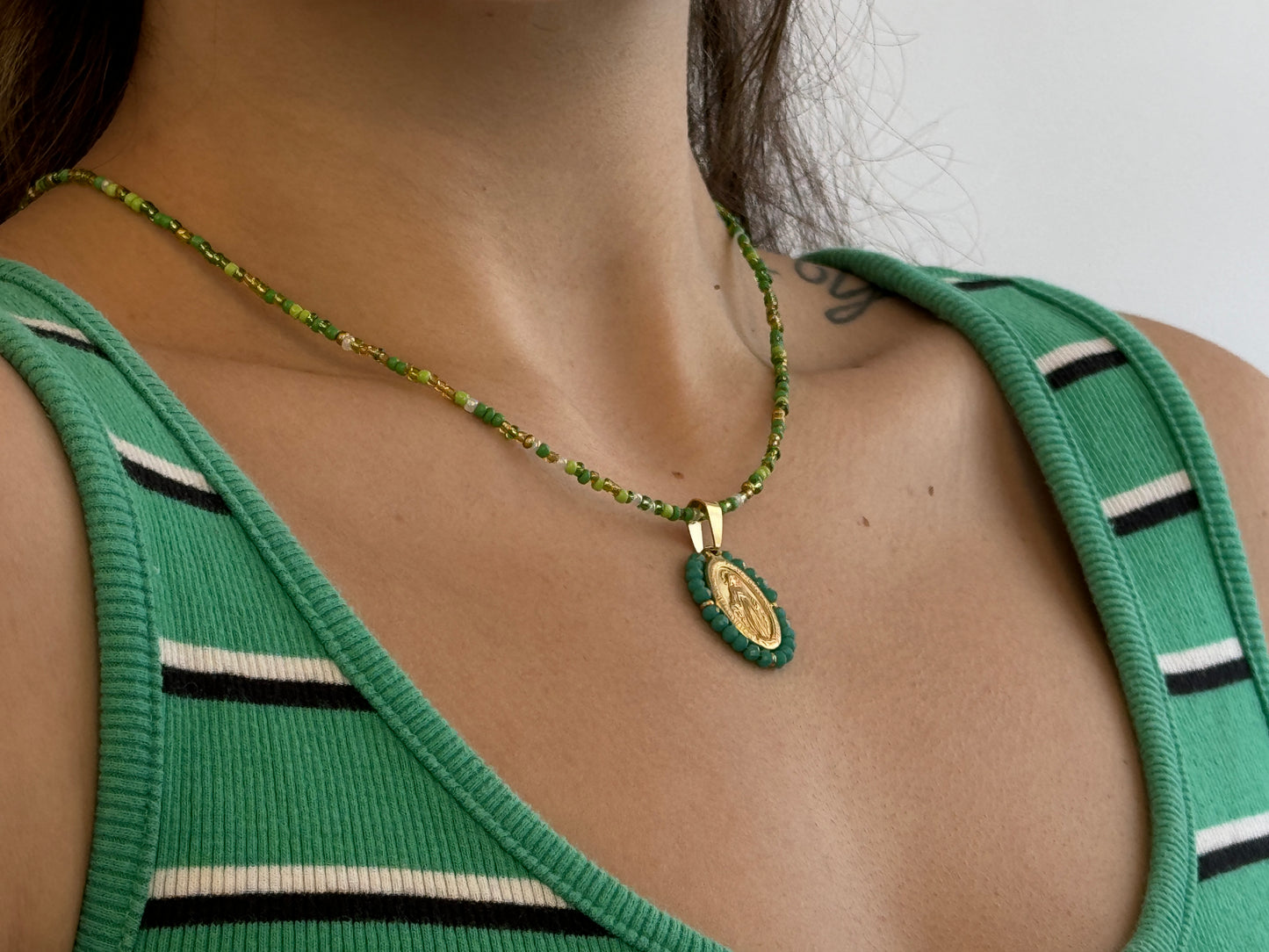 Green Beaded Virgin Mary Necklace