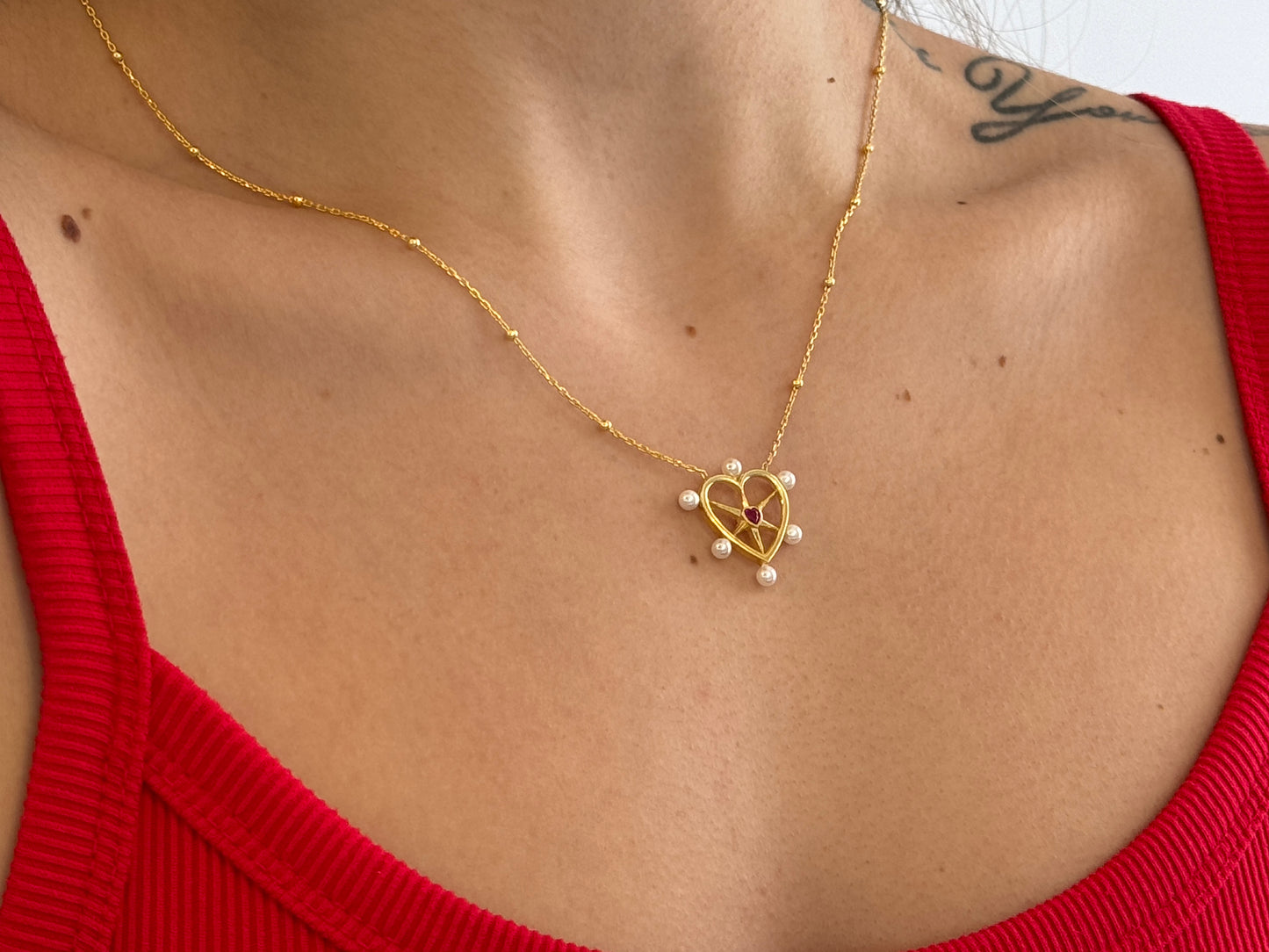 Pearl Ruby Heart Necklace