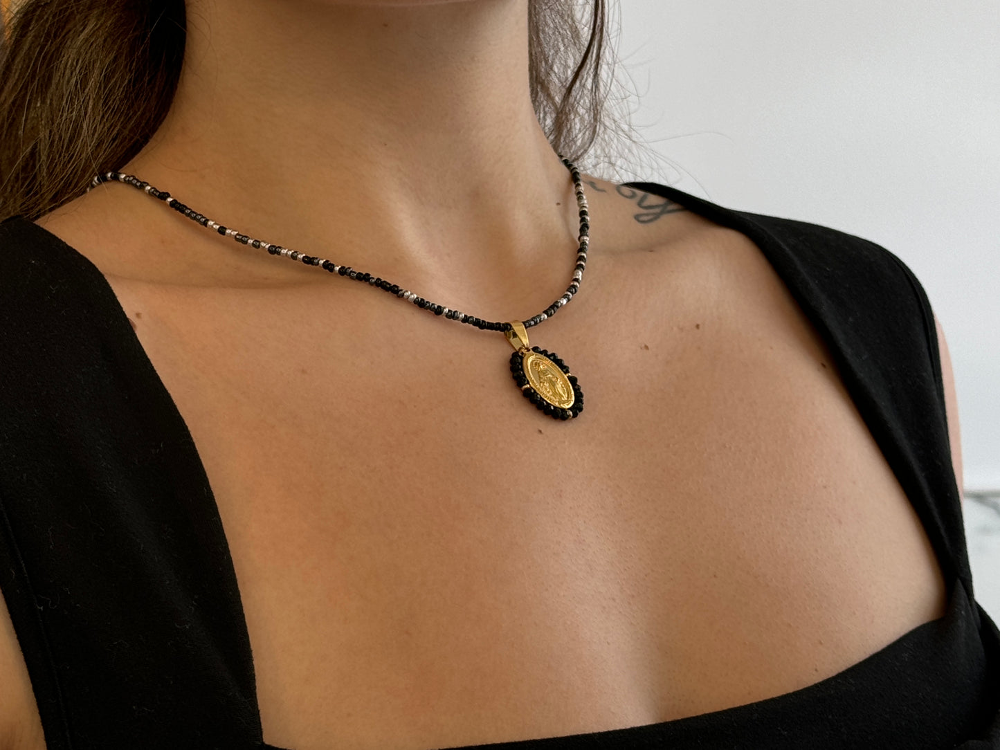 Black Beaded Virgin Mary Necklace