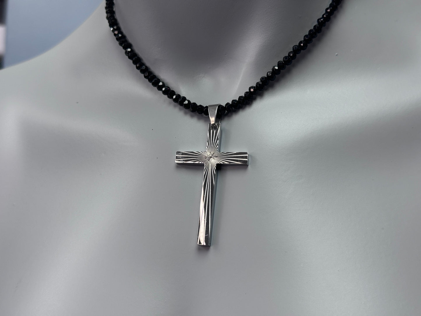 Starburst Cross Black Onyx Beaded Necklace