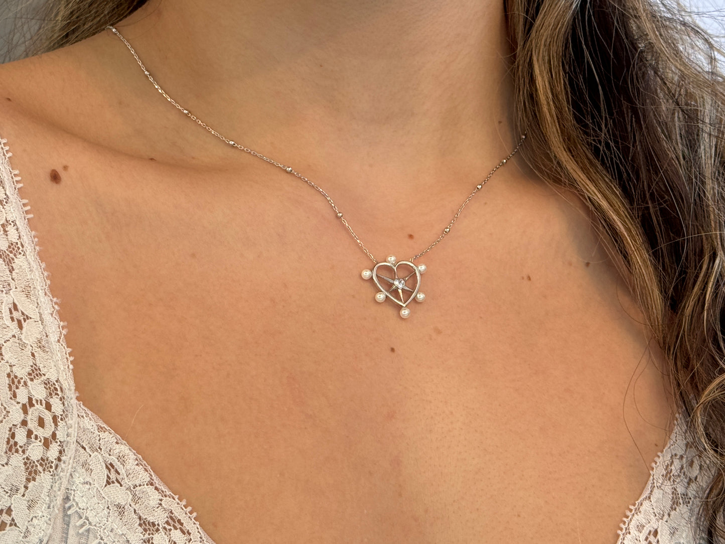 Pearl CZ Heart Necklace