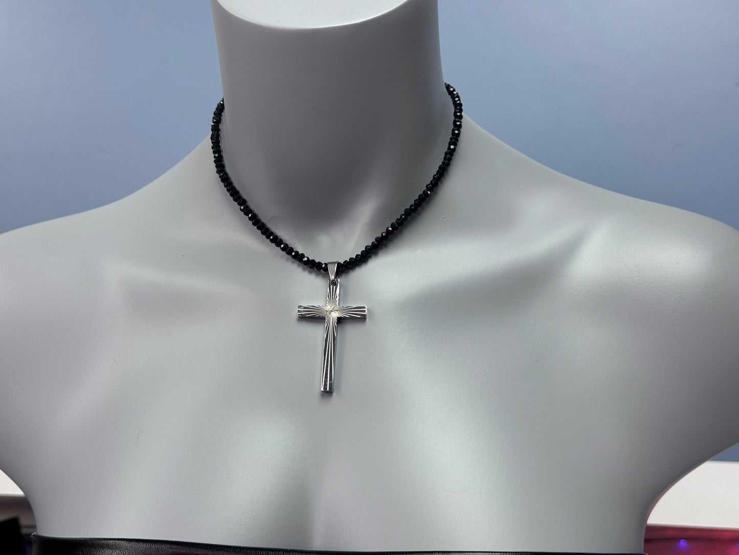 Starburst Cross Black Onyx Beaded Necklace