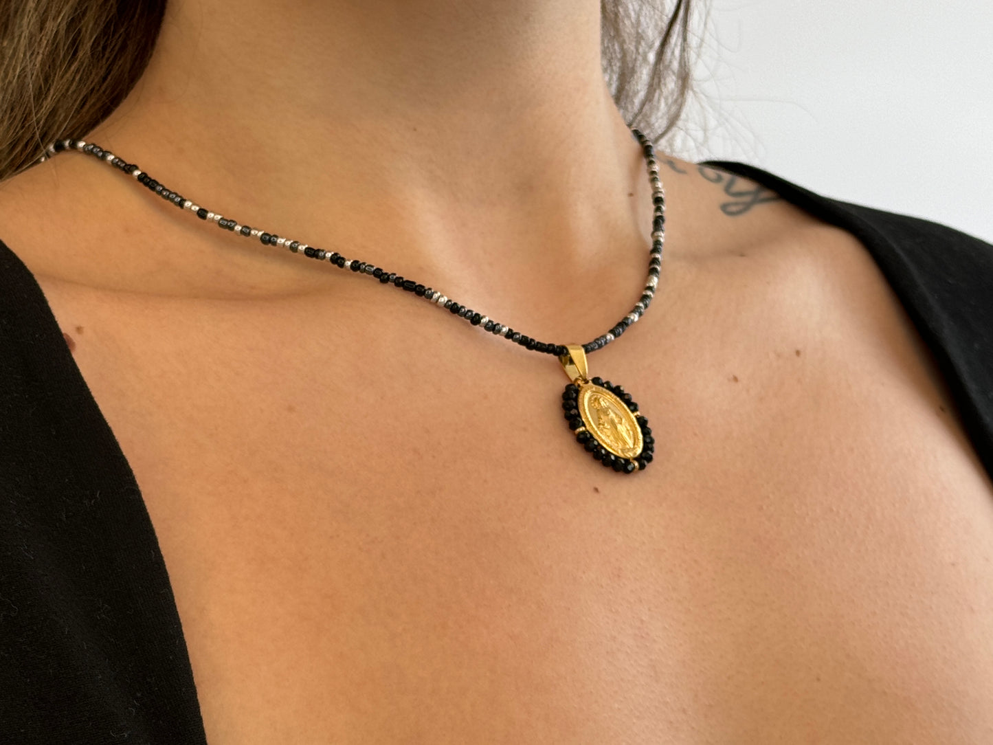 Black Beaded Virgin Mary Necklace