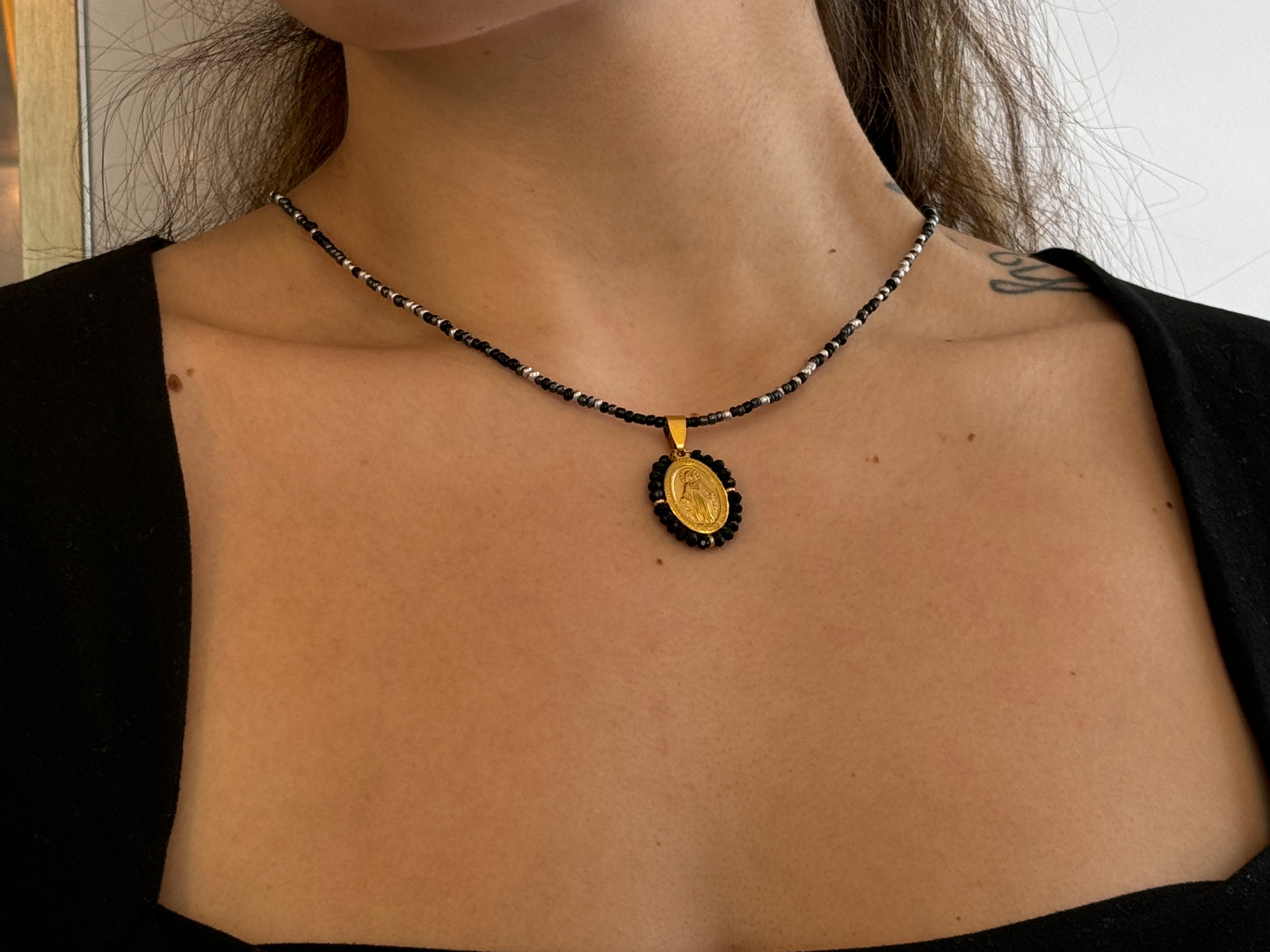 Black Beaded Virgin Mary Necklace
