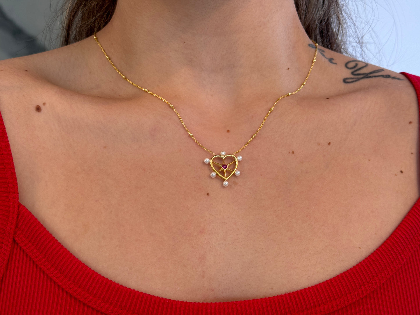 Pearl Ruby Heart Necklace