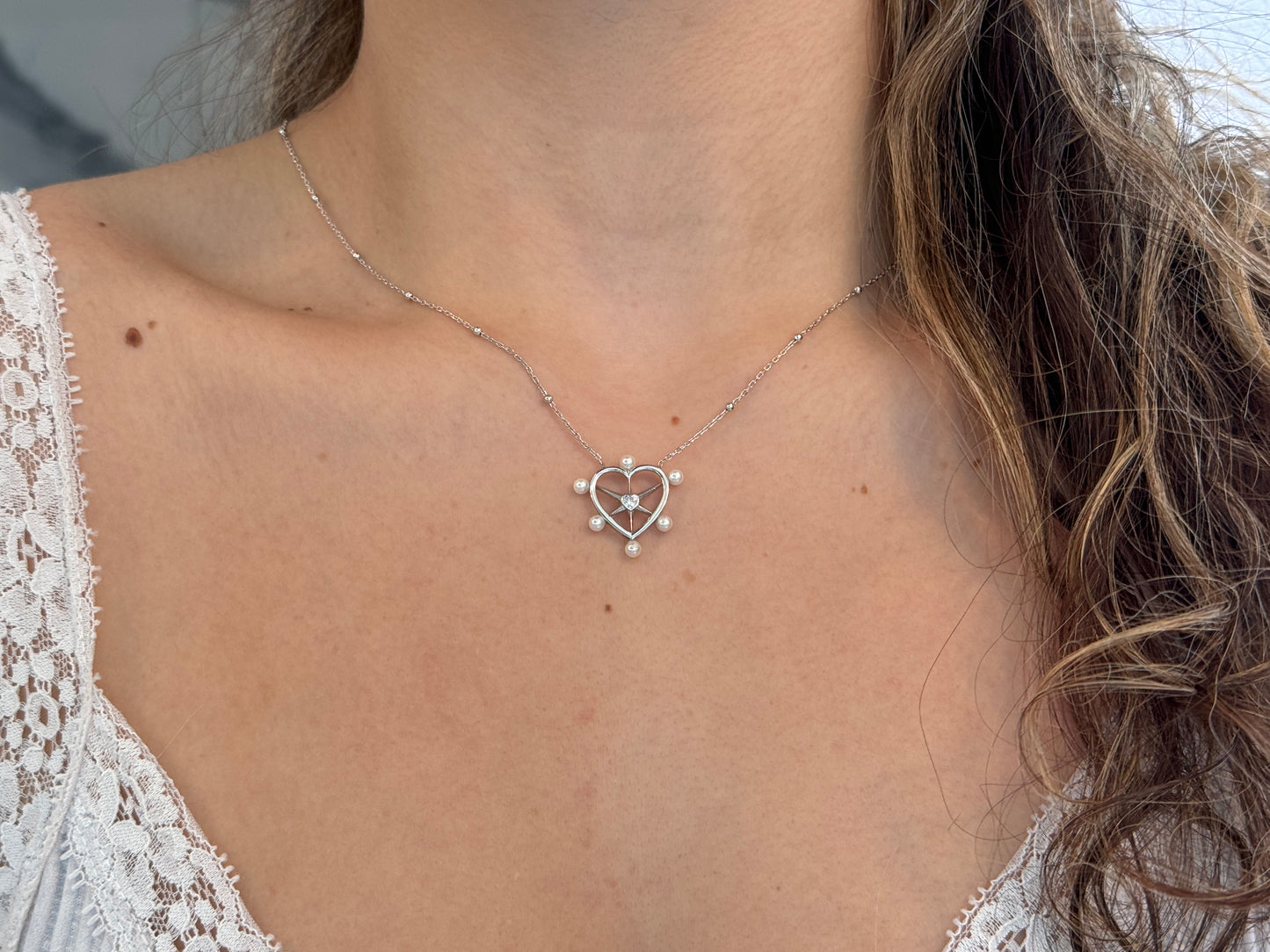 Pearl CZ Heart Necklace