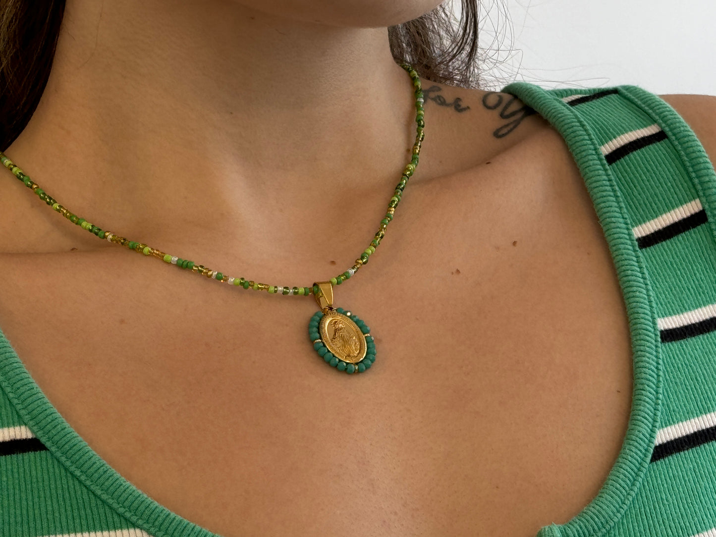 Green Beaded Virgin Mary Necklace