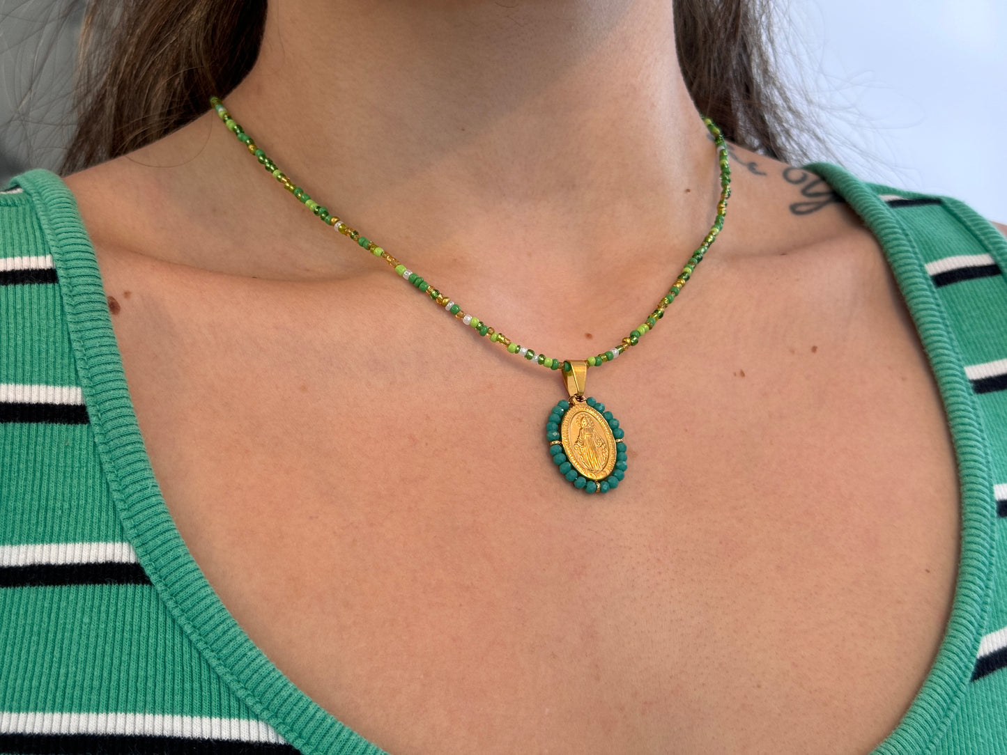 Green Beaded Virgin Mary Necklace