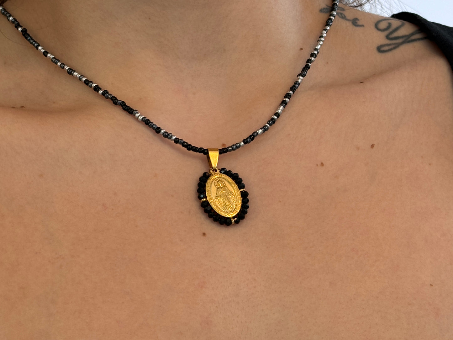Black Beaded Virgin Mary Necklace