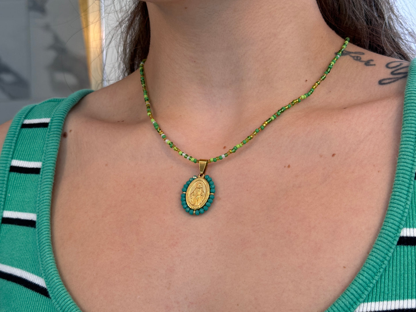 Green Beaded Virgin Mary Necklace