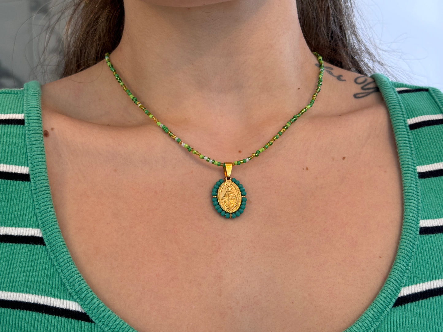 Green Beaded Virgin Mary Necklace