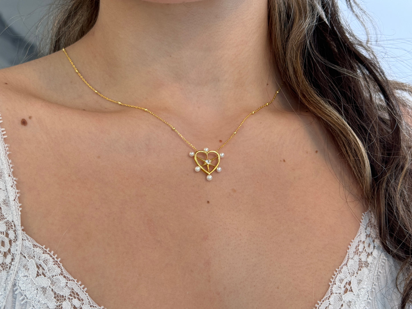 Pearl CZ Heart Necklace