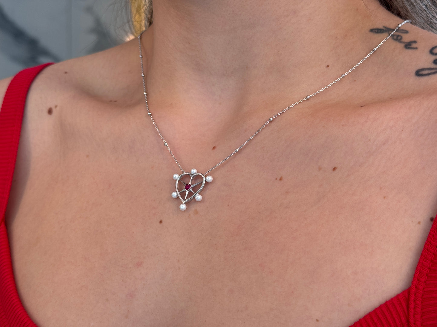 Pearl Ruby Heart Necklace