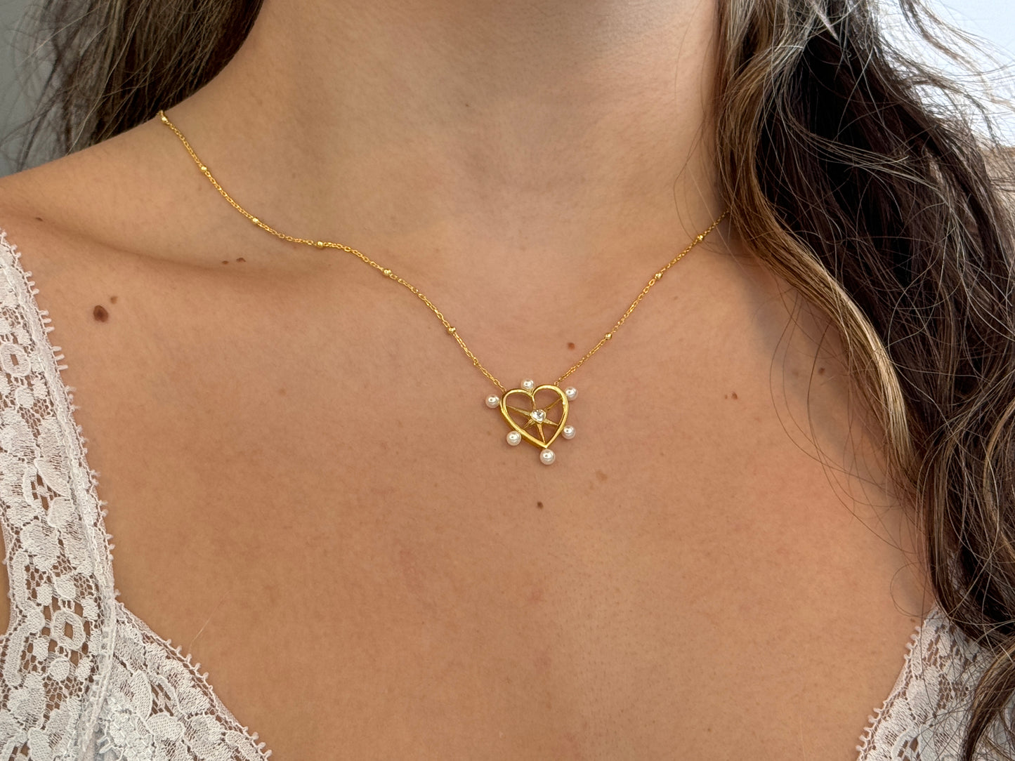 Pearl CZ Heart Necklace