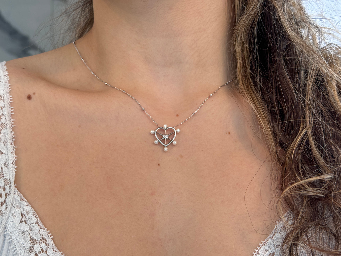 Pearl CZ Heart Necklace