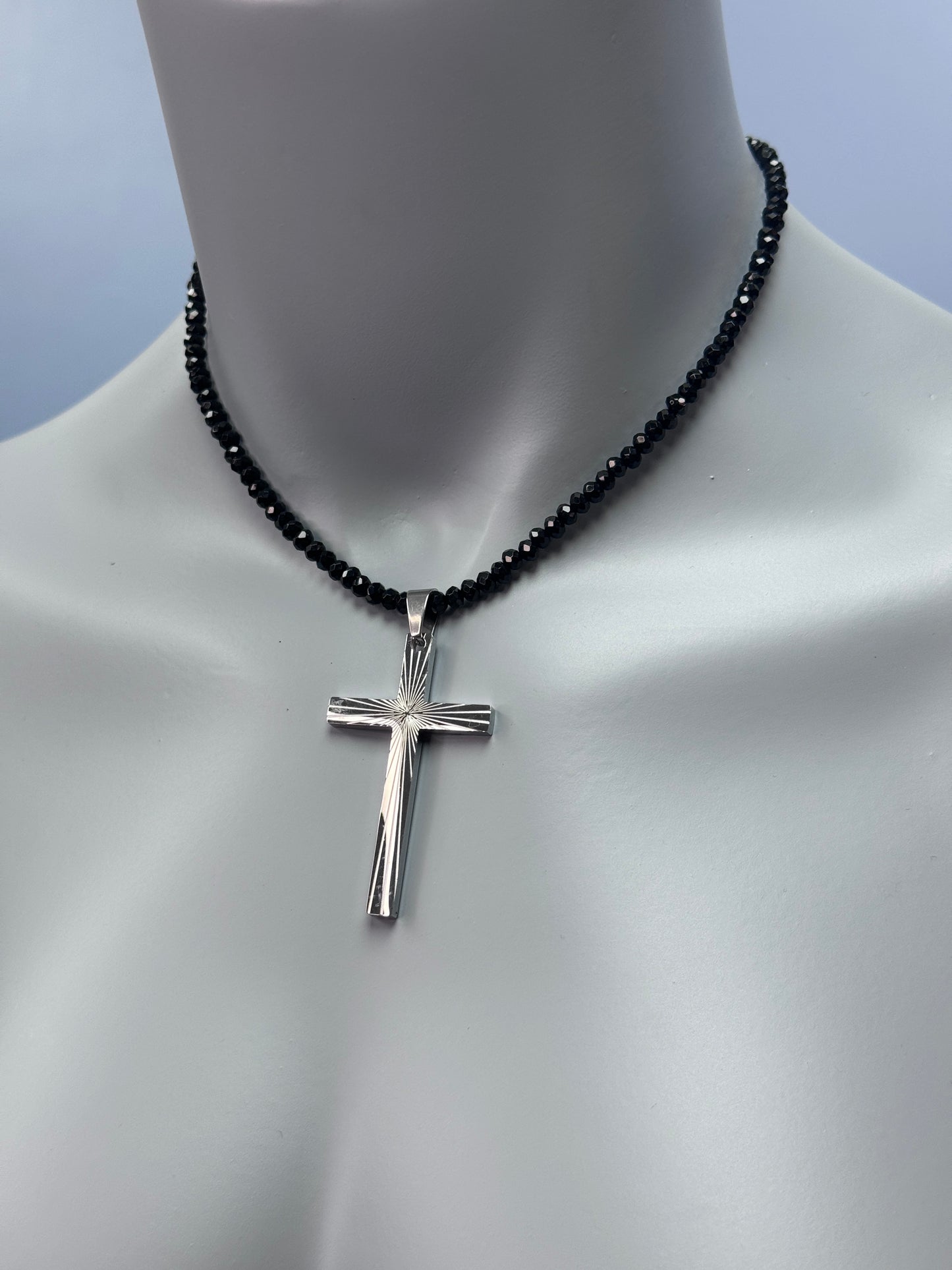 Starburst Cross Black Onyx Beaded Necklace