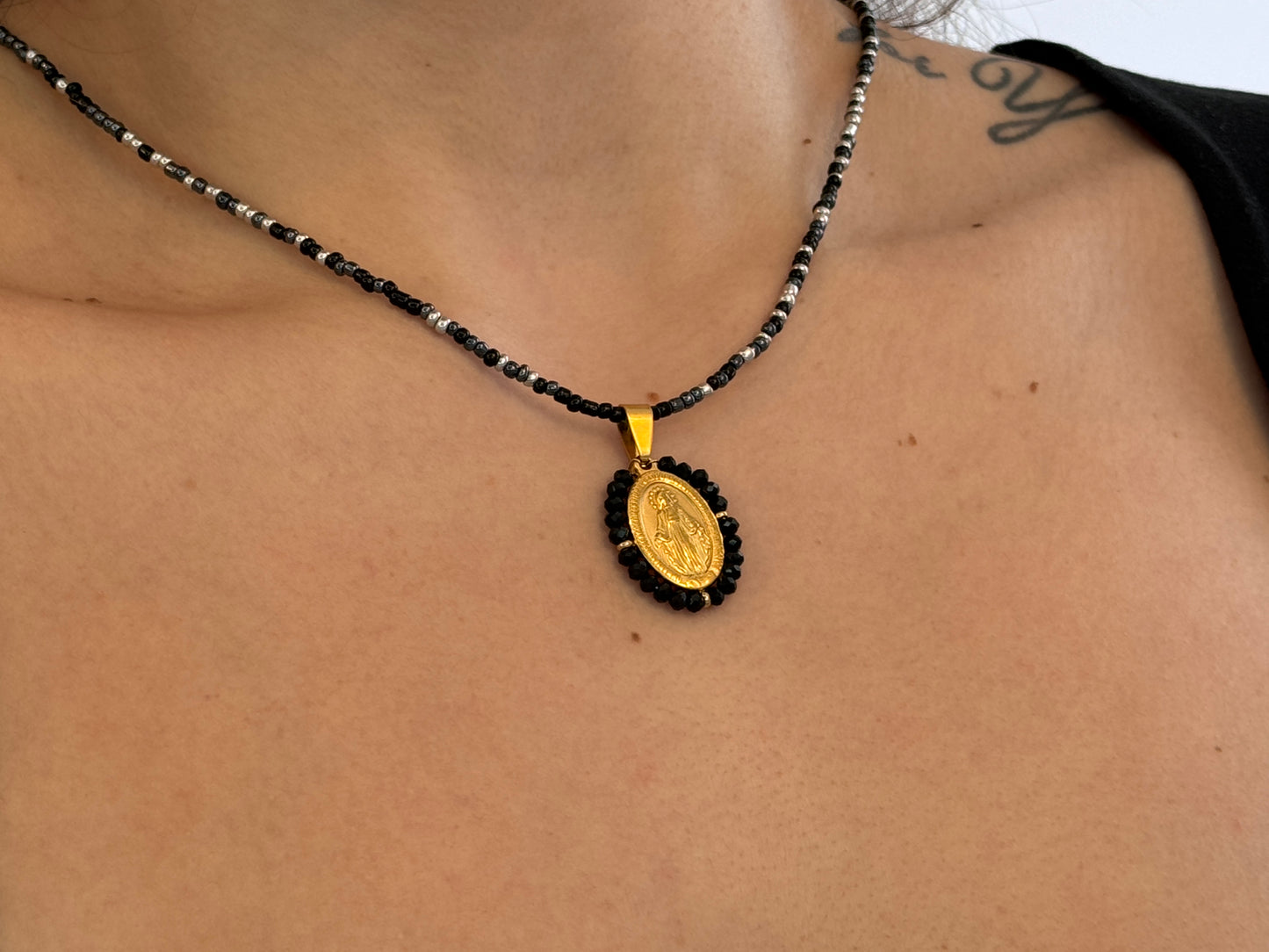 Black Beaded Virgin Mary Necklace