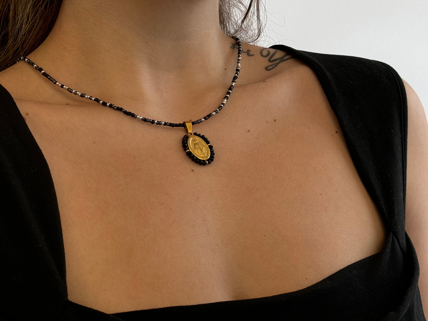Black Beaded Virgin Mary Necklace