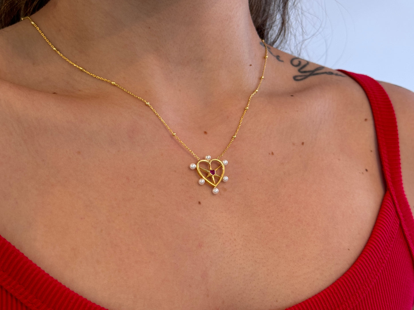 Pearl Ruby Heart Necklace