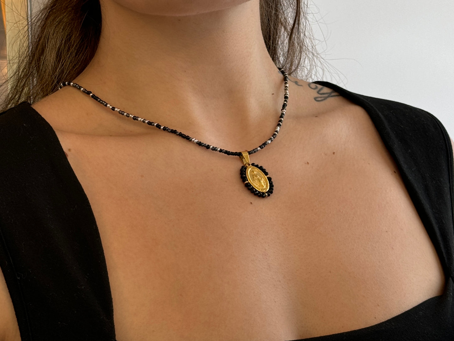 Black Beaded Virgin Mary Necklace