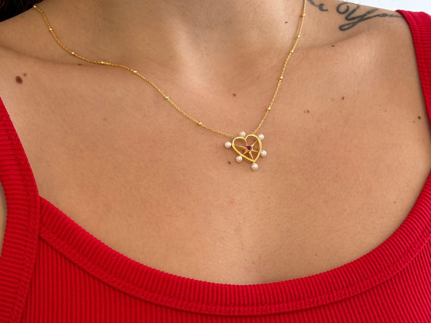 Pearl Ruby Heart Necklace