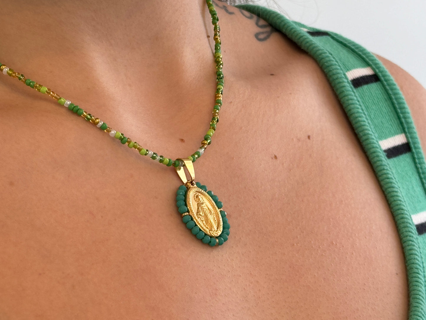 Green Beaded Virgin Mary Necklace