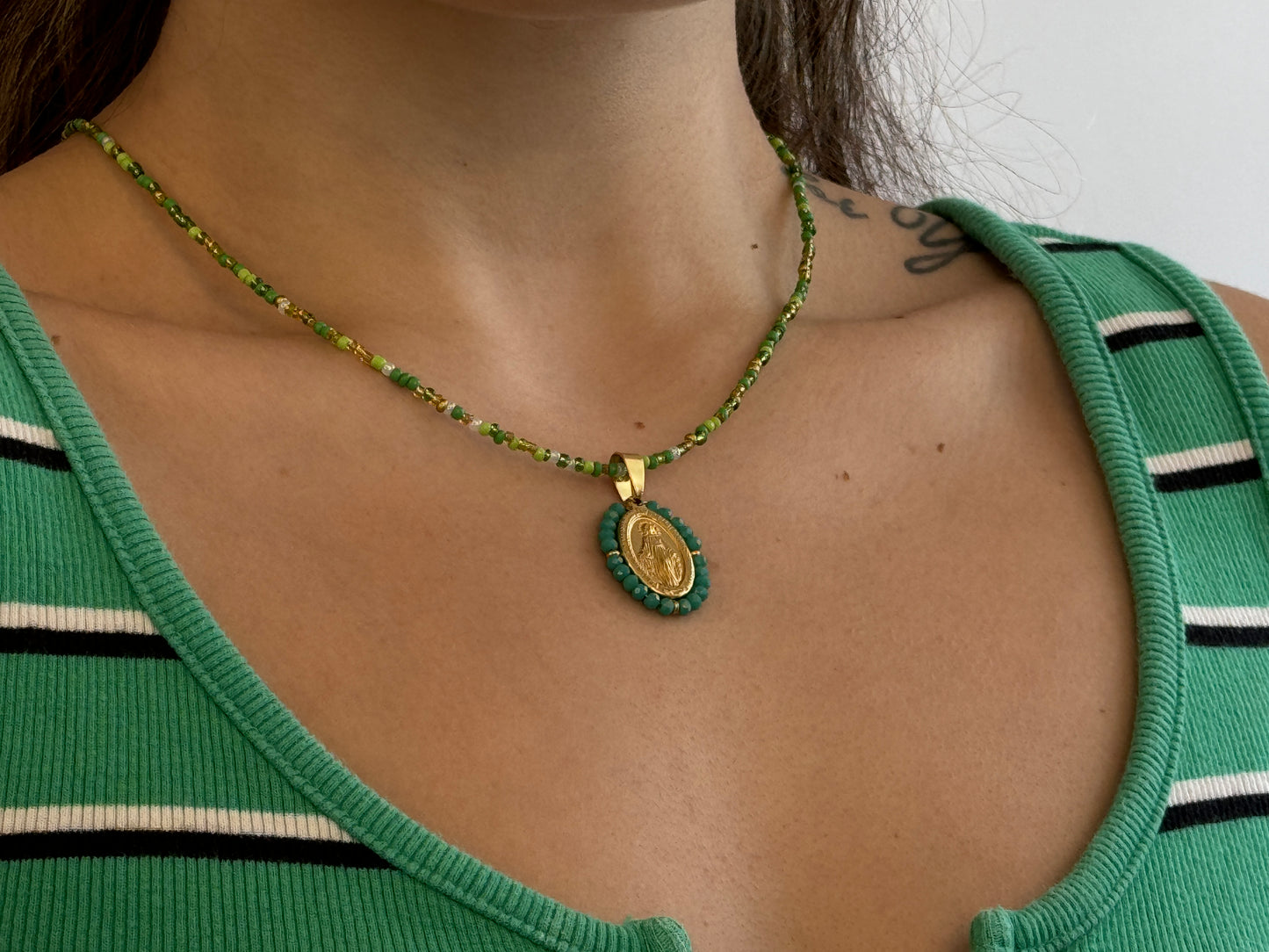 Green Beaded Virgin Mary Necklace