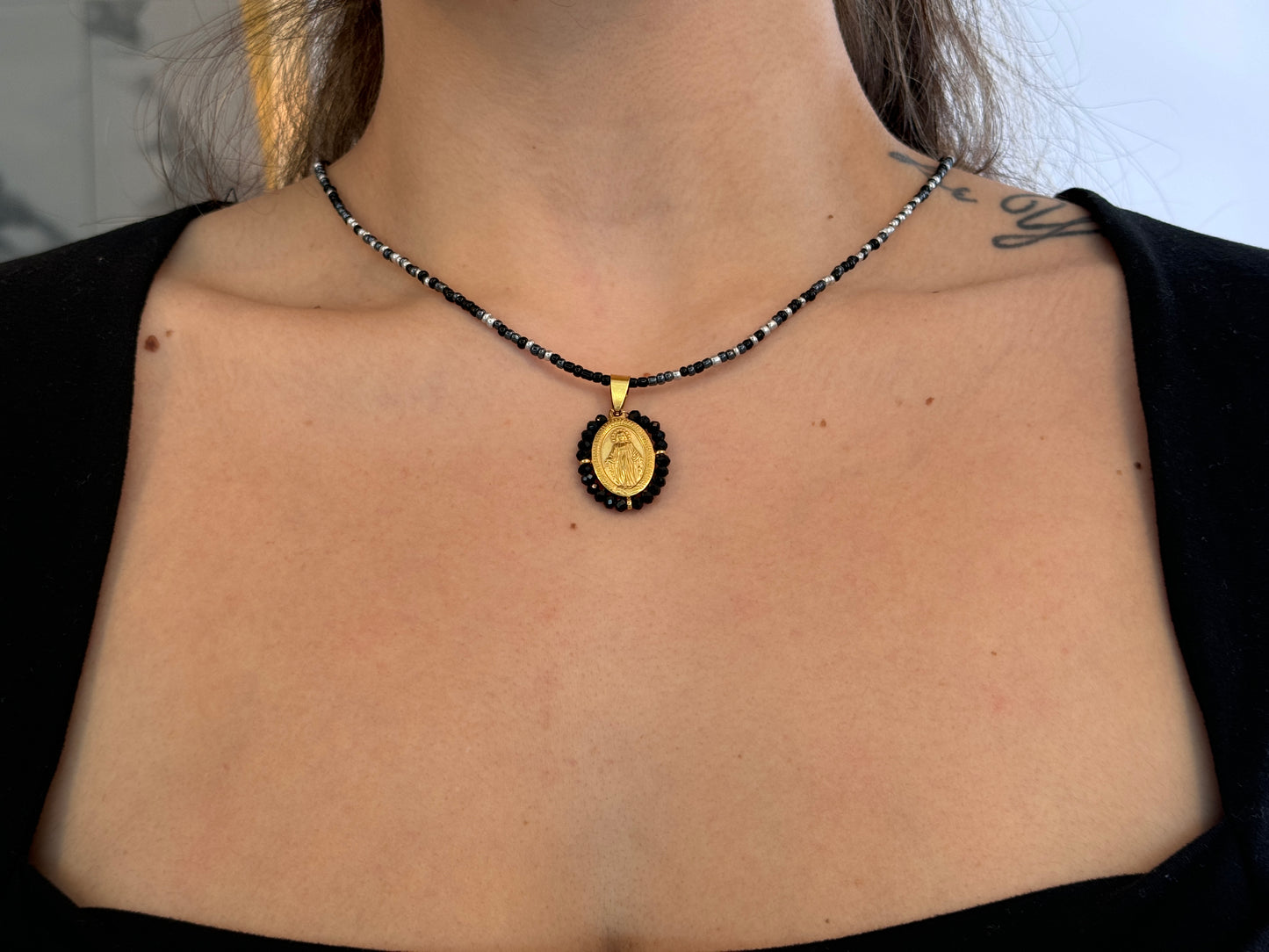 Black Beaded Virgin Mary Necklace