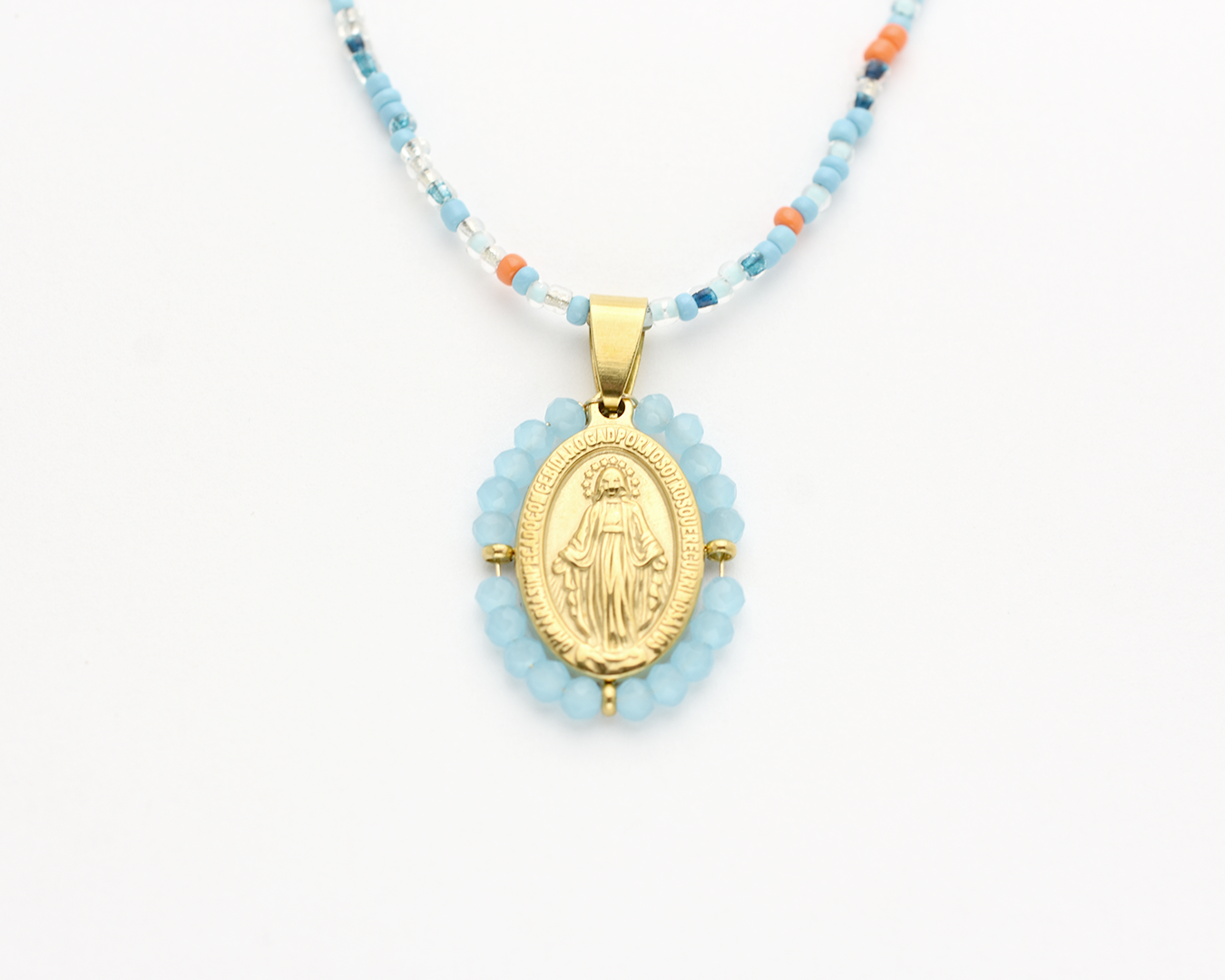 Blue Beaded Virgin Mary Necklace