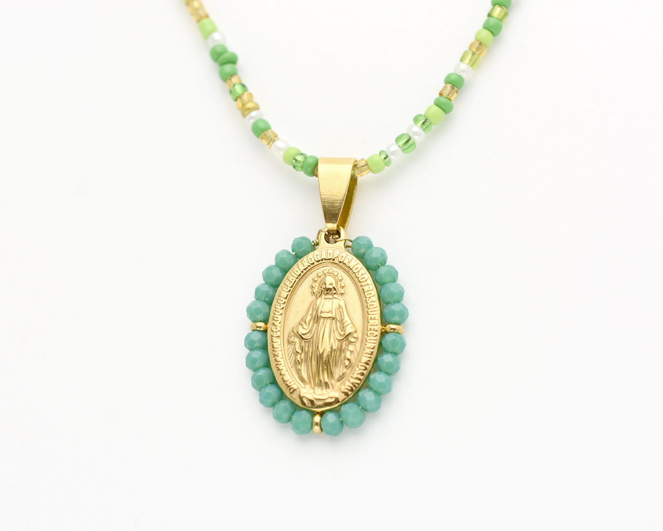 Green Beaded Virgin Mary Necklace