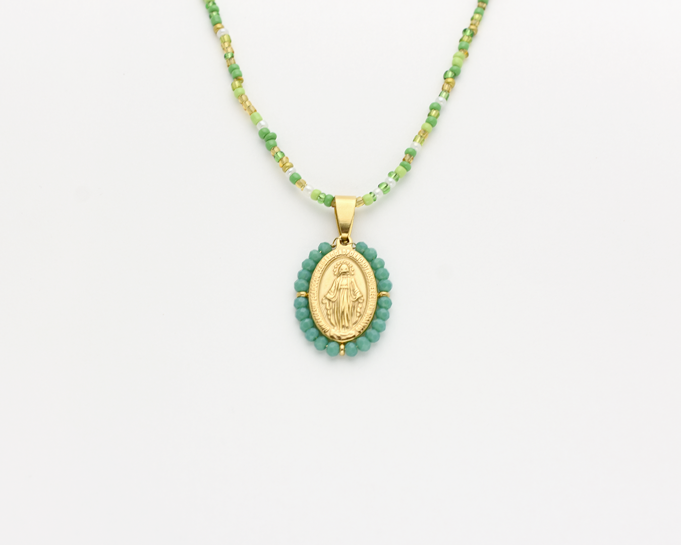 Green Beaded Virgin Mary Necklace
