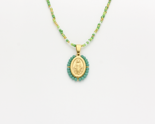 Green Beaded Virgin Mary Necklace
