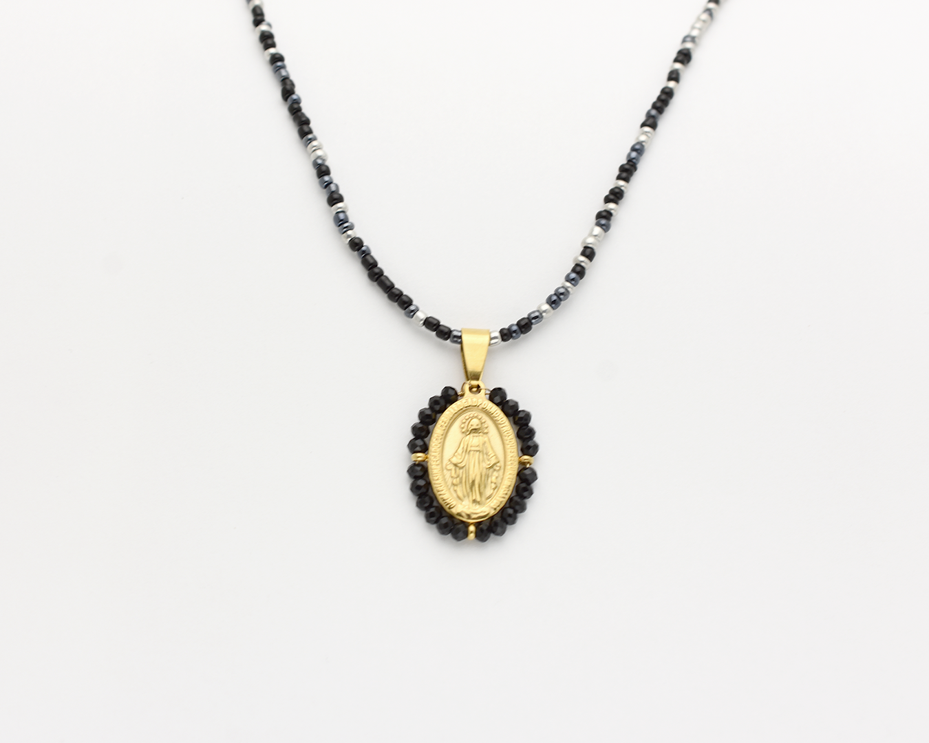Black Beaded Virgin Mary Necklace