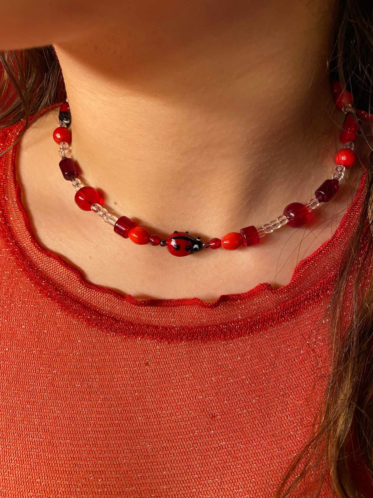 Red Beaded Ladybug Necklace