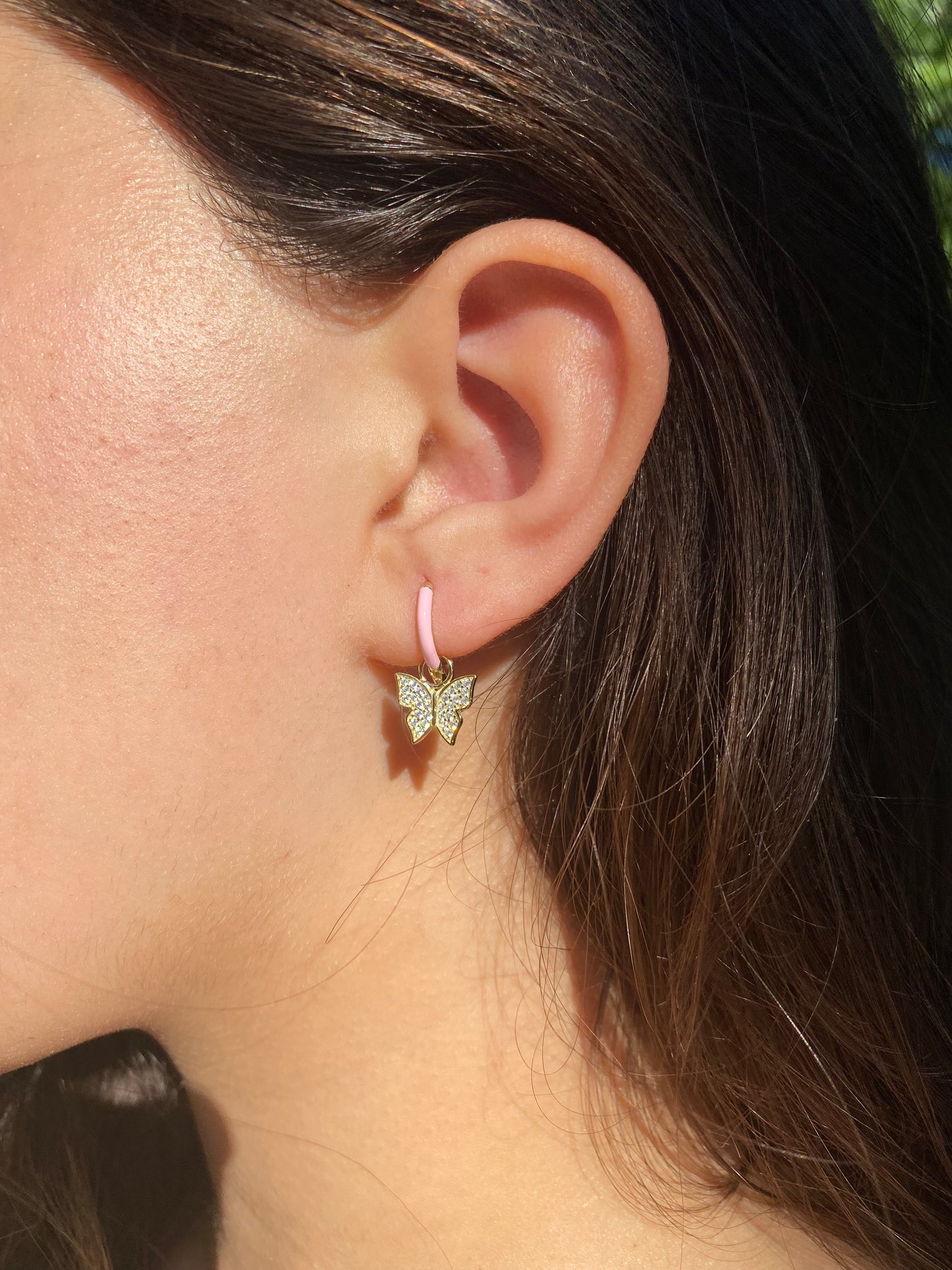 Pink Enamel Butterfly Hoop Earrings