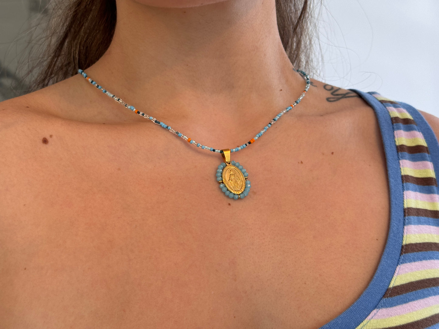 Blue Beaded Virgin Mary Necklace