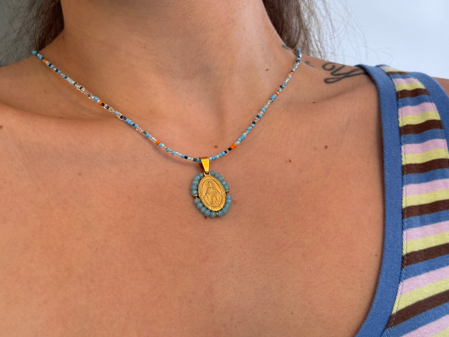 Blue Beaded Virgin Mary Necklace