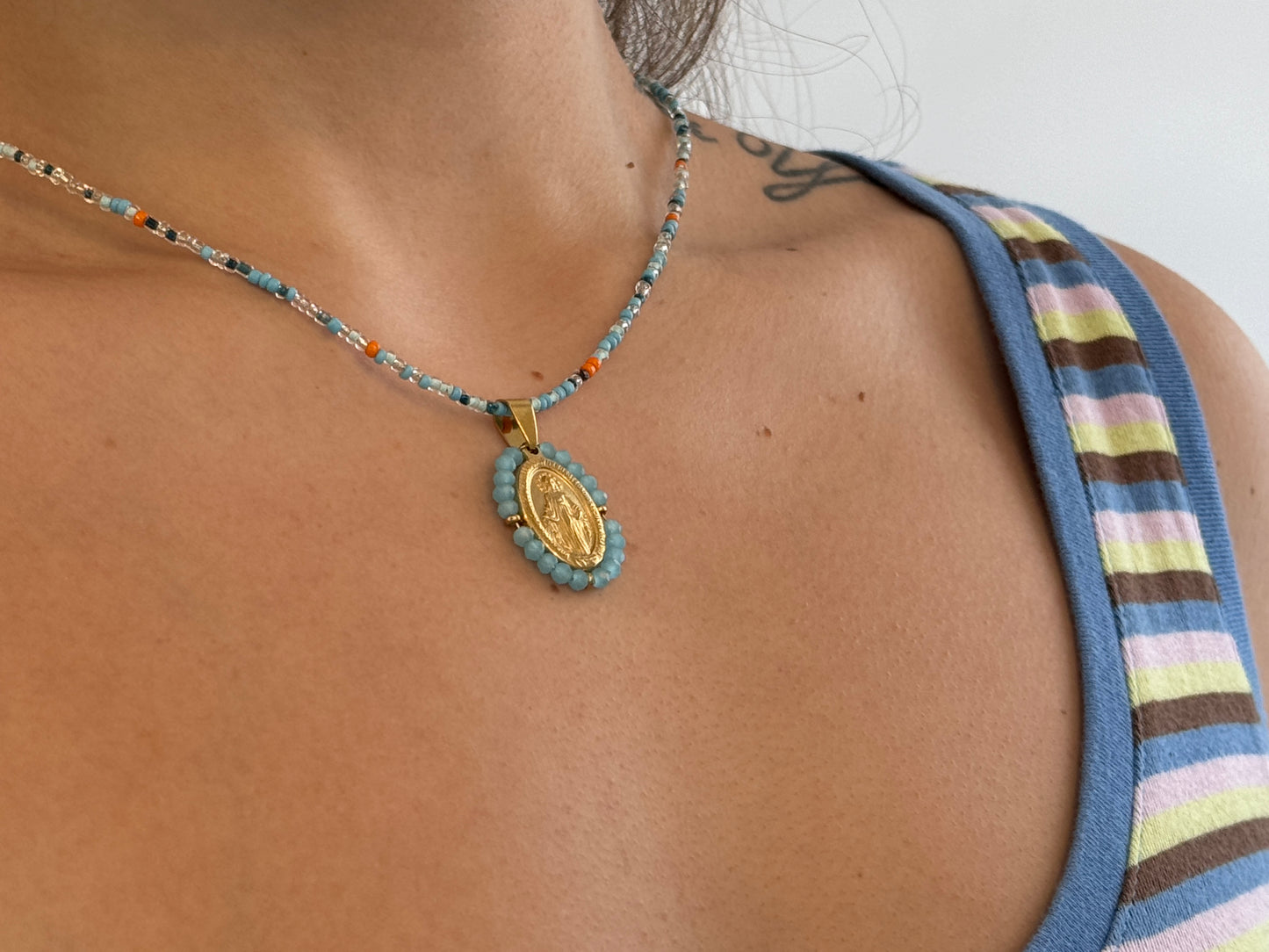 Blue Beaded Virgin Mary Necklace