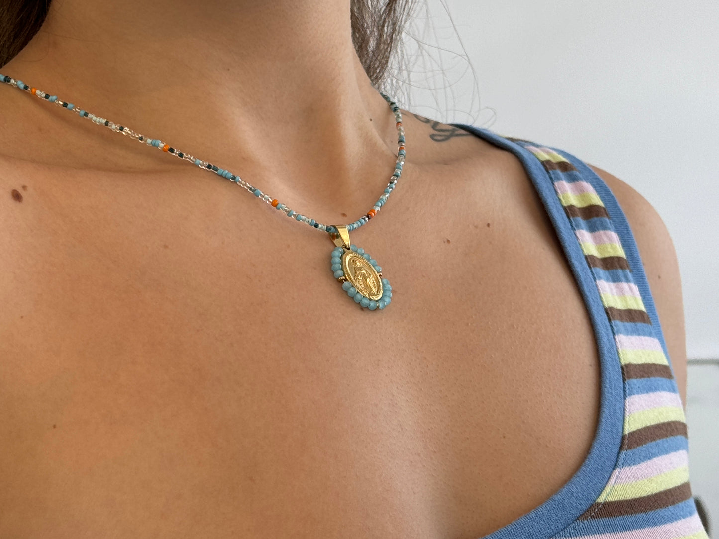 Blue Beaded Virgin Mary Necklace