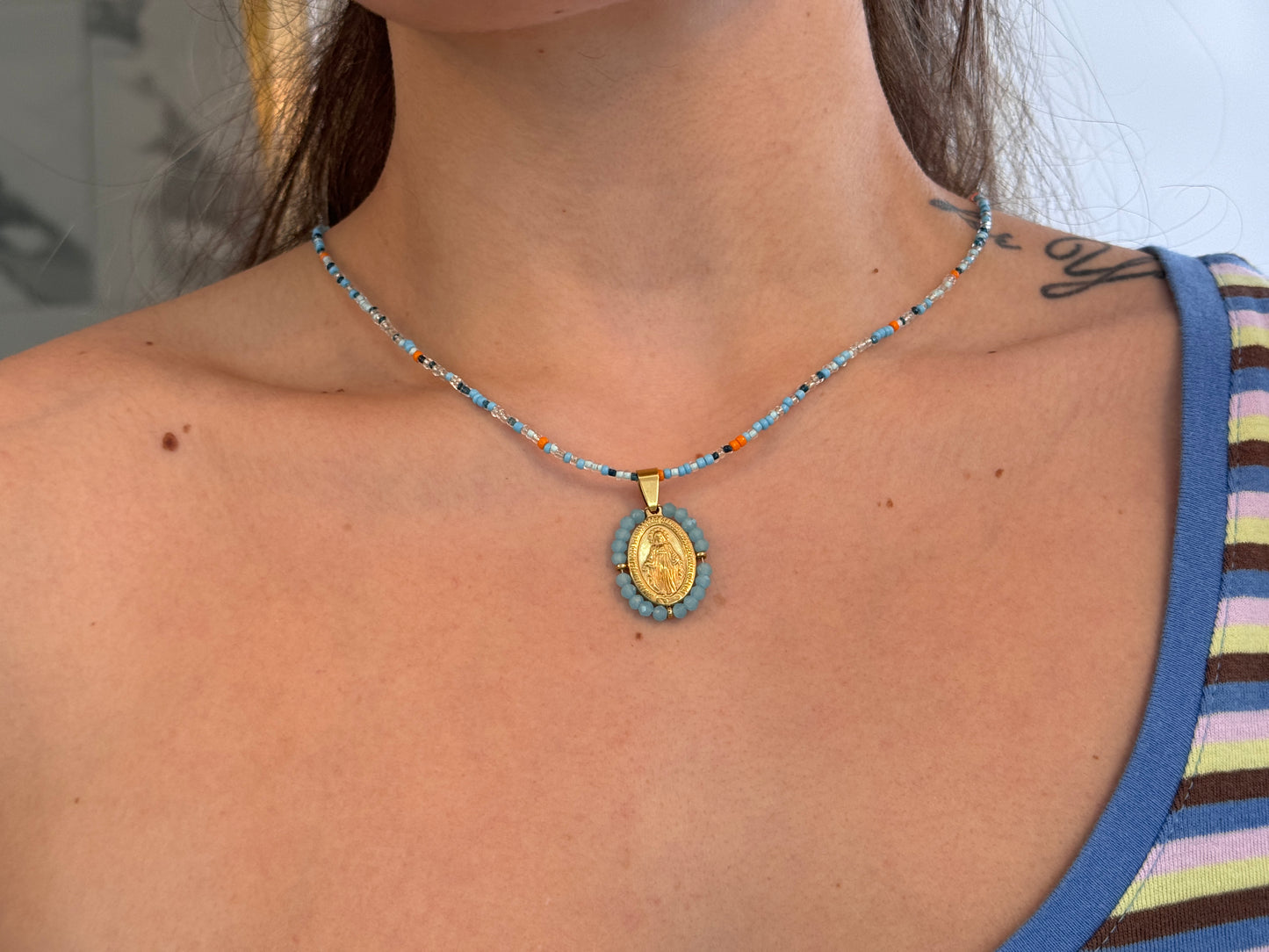 Blue Beaded Virgin Mary Necklace