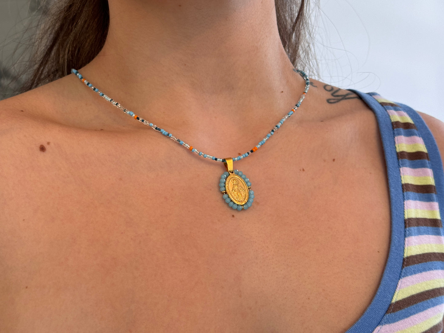 Blue Beaded Virgin Mary Necklace