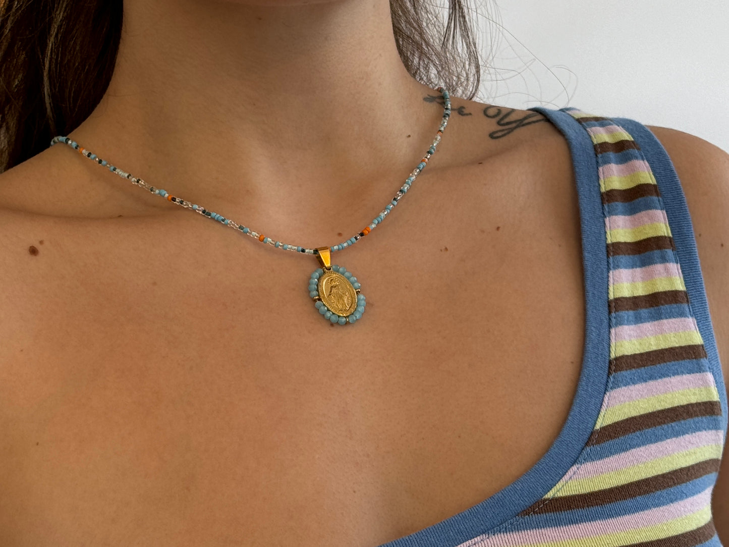 Blue Beaded Virgin Mary Necklace