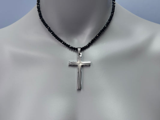 Starburst Cross Black Onyx Beaded Necklace