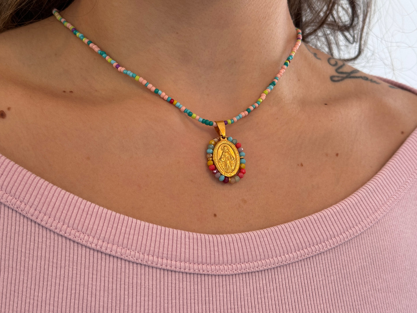 Pink Beaded Virgin Mary Necklace