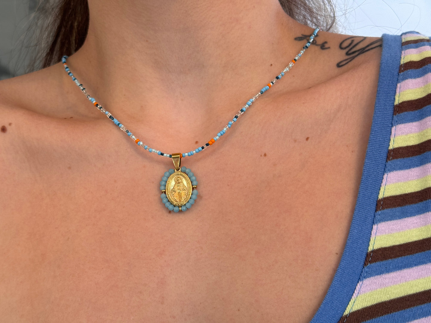 Blue Beaded Virgin Mary Necklace