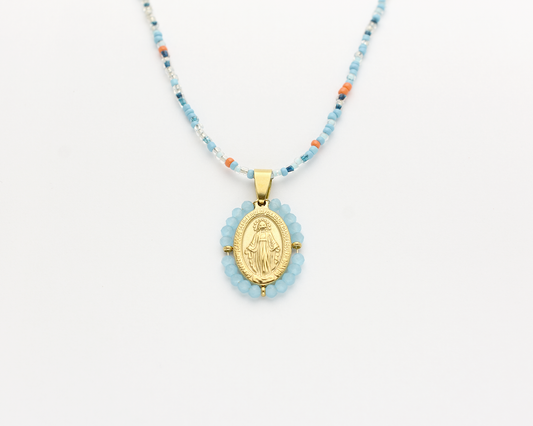Blue Beaded Virgin Mary Necklace