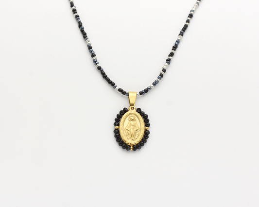 Black Beaded Virgin Mary Necklace