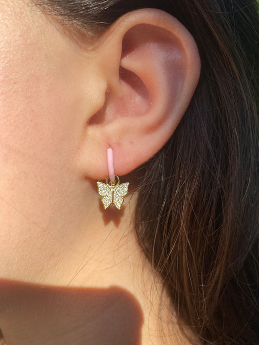 Pink Enamel Butterfly Hoop Earrings