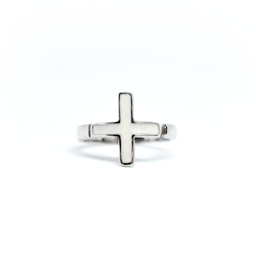 White Adjustable Cross Ring